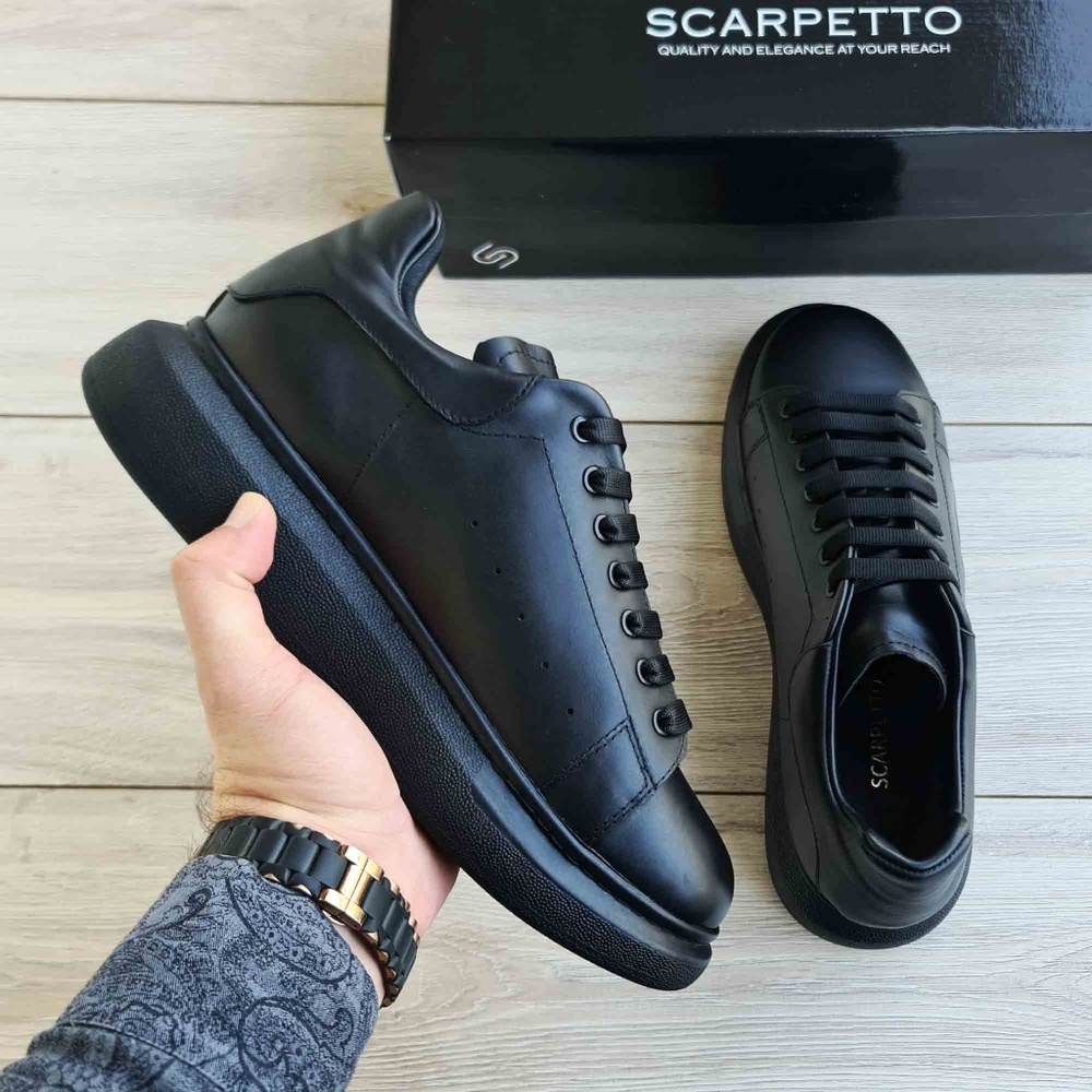 Platform Sole Matte Black Genuine Leather Sneakers